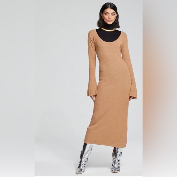 CAROLINE CONSTAS Collections Cassandra Ribbed Knit Dress in Camel Bell sleeves - Picture 2 of 13